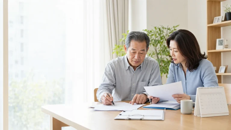장기요양등급 신청 서류와 생활 일정을 함께 살펴보는 아버지와 성인 자녀