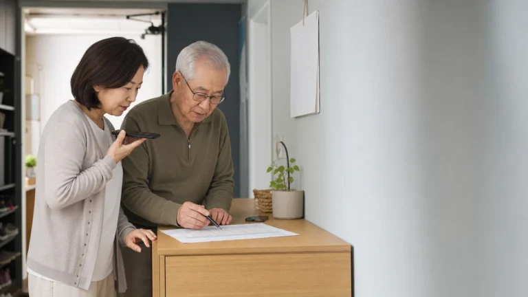 방문요양센터 상담 내용을 함께 비교표에 적는 아버지와 성인 딸