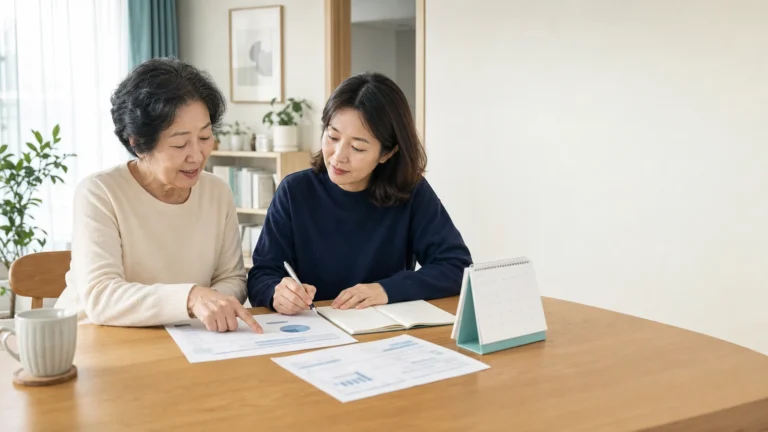 장기요양등급 결과 통지서와 생활 기록을 확인하는 어머니와 성인 딸