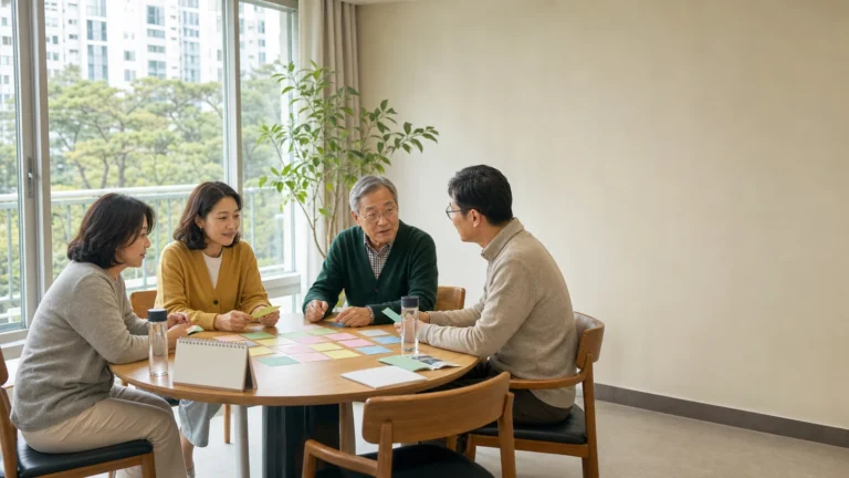공용 회의실에서 돌봄 업무 카드를 나누는 아버지와 세 형제자매