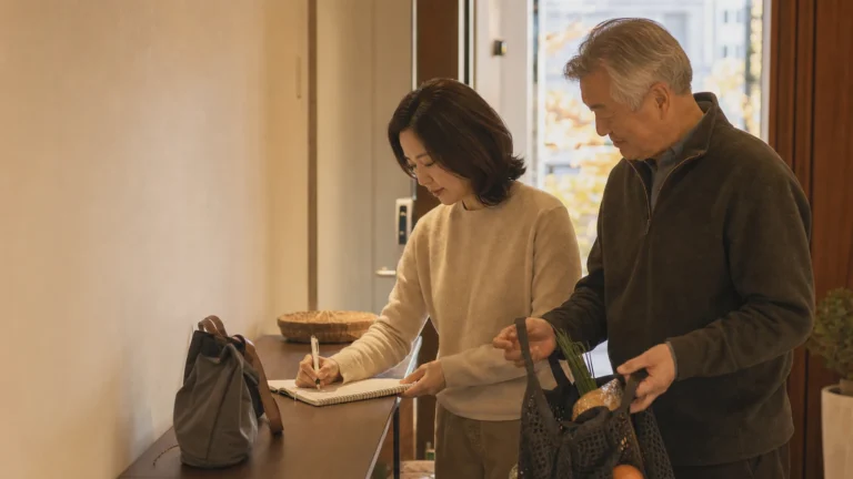 부모 방문을 마치며 현관에서 인계노트를 함께 정리하는 아버지와 성인 딸