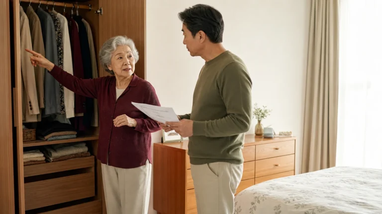 방문요양 첫날을 앞두고 침실 동선과 도움 순서를 확인하는 어머니와 성인 아들