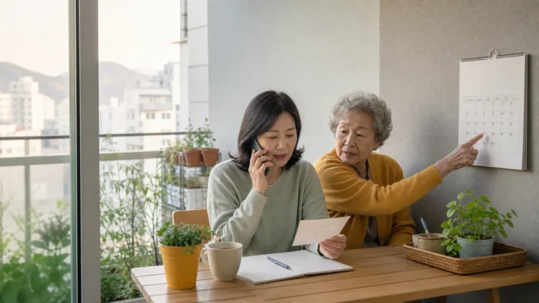 베란다 작업대에서 사실 메모를 보며 조정 요청을 준비하는 어머니와 성인 딸