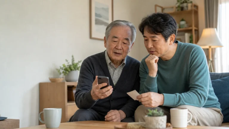 수상한 전화를 끊고 확인 순서를 맞추는 아버지와 성인 아들