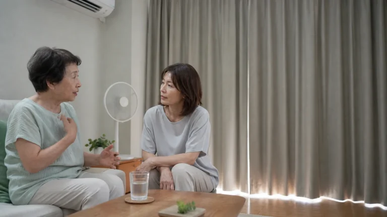 폭염 날 냉방과 건강 상태를 함께 점검하는 어머니와 성인 딸