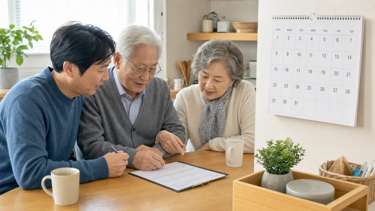 방문요양 일정 변경 요청서 여섯 칸을 작성하는 가족
