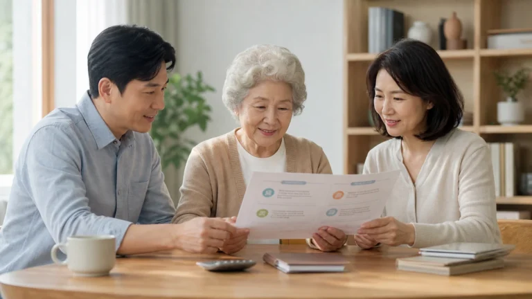 치매 부모님과 가족이 네 가지 돈 관리 원칙을 합의하는 모습
